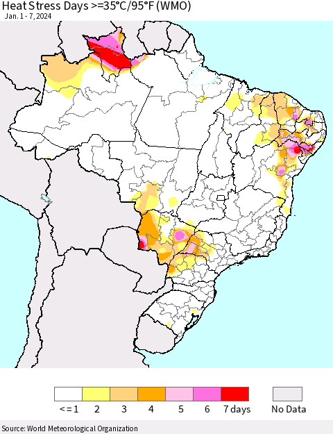 Brazil Heat Stress Days >=35°C/95°F (WMO) Thematic Map For 1/1/2024 - 1/7/2024