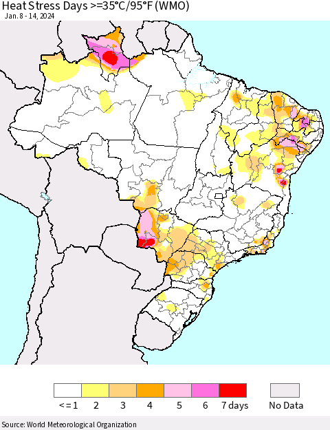 Brazil Heat Stress Days >=35°C/95°F (WMO) Thematic Map For 1/8/2024 - 1/14/2024
