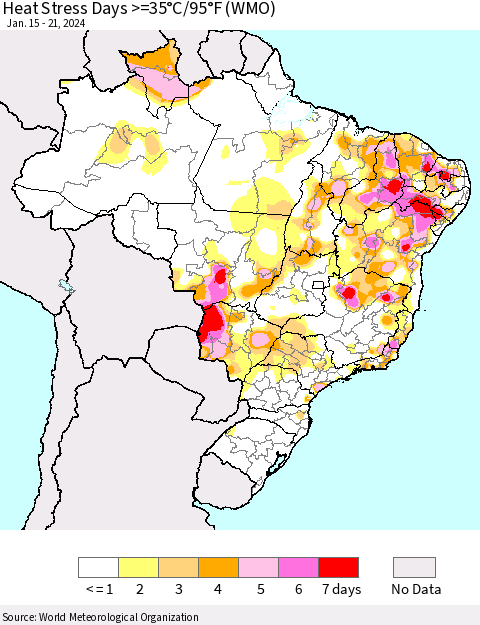 Brazil Heat Stress Days >=35°C/95°F (WMO) Thematic Map For 1/15/2024 - 1/21/2024