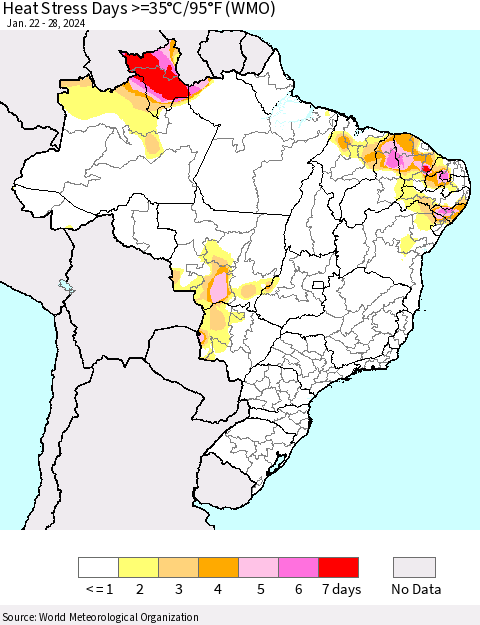 Brazil Heat Stress Days >=35°C/95°F (WMO) Thematic Map For 1/22/2024 - 1/28/2024