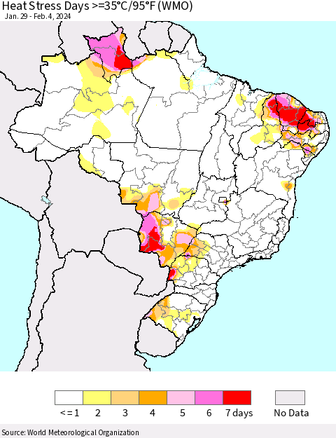 Brazil Heat Stress Days >=35°C/95°F (WMO) Thematic Map For 1/29/2024 - 2/4/2024