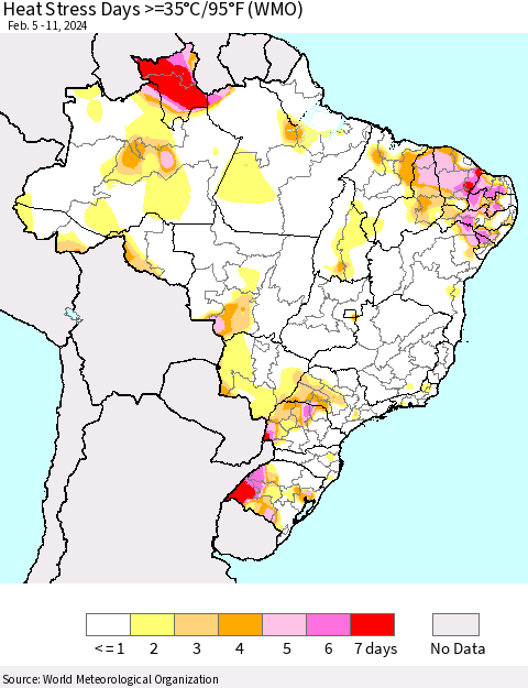 Brazil Heat Stress Days >=35°C/95°F (WMO) Thematic Map For 2/5/2024 - 2/11/2024