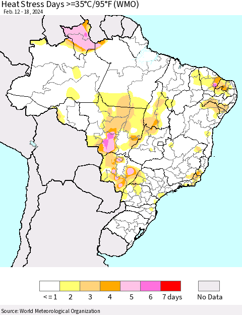 Brazil Heat Stress Days >=35°C/95°F (WMO) Thematic Map For 2/12/2024 - 2/18/2024