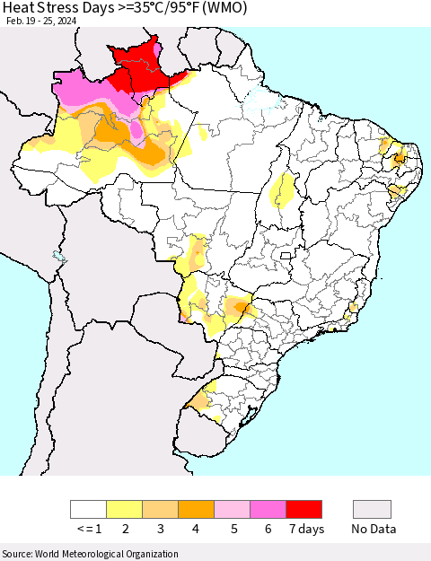 Brazil Heat Stress Days >=35°C/95°F (WMO) Thematic Map For 2/19/2024 - 2/25/2024