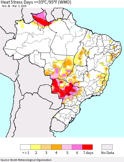 Brazil Heat Stress Days >=35°C/95°F (WMO) Thematic Map For 2/26/2024 - 3/3/2024