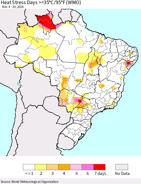 Brazil Heat Stress Days >=35°C/95°F (WMO) Thematic Map For 3/4/2024 - 3/10/2024