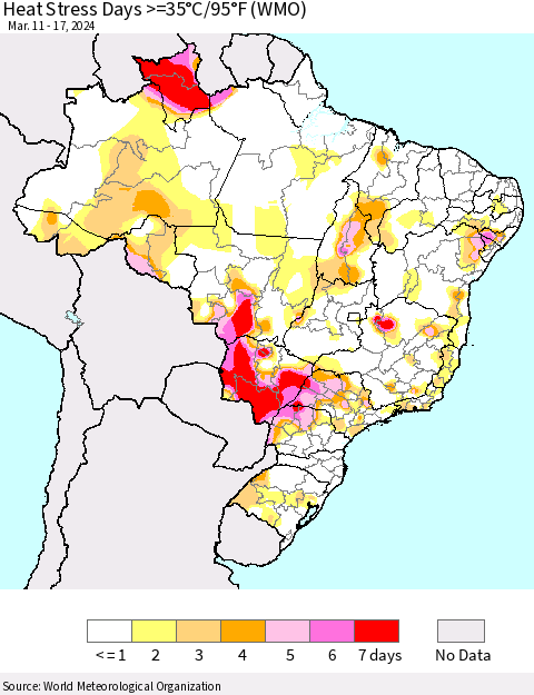 Brazil Heat Stress Days >=35°C/95°F (WMO) Thematic Map For 3/11/2024 - 3/17/2024