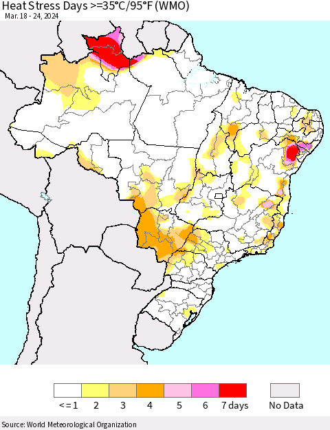 Brazil Heat Stress Days >=35°C/95°F (WMO) Thematic Map For 3/18/2024 - 3/24/2024