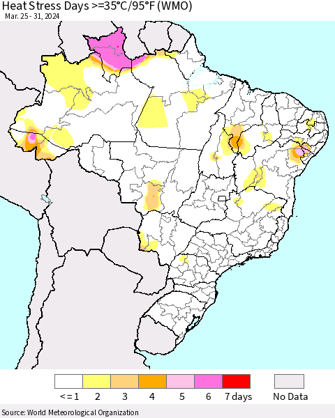 Brazil Heat Stress Days >=35°C/95°F (WMO) Thematic Map For 3/25/2024 - 3/31/2024