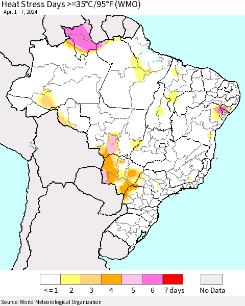 Brazil Heat Stress Days >=35°C/95°F (WMO) Thematic Map For 4/1/2024 - 4/7/2024