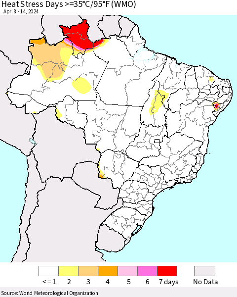 Brazil Heat Stress Days >=35°C/95°F (WMO) Thematic Map For 4/8/2024 - 4/14/2024