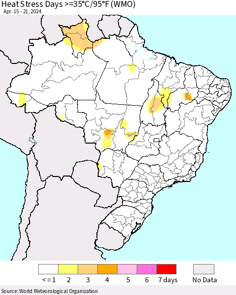 Brazil Heat Stress Days >=35°C/95°F (WMO) Thematic Map For 4/15/2024 - 4/21/2024