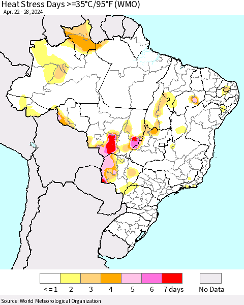 Brazil Heat Stress Days >=35°C/95°F (WMO) Thematic Map For 4/22/2024 - 4/28/2024