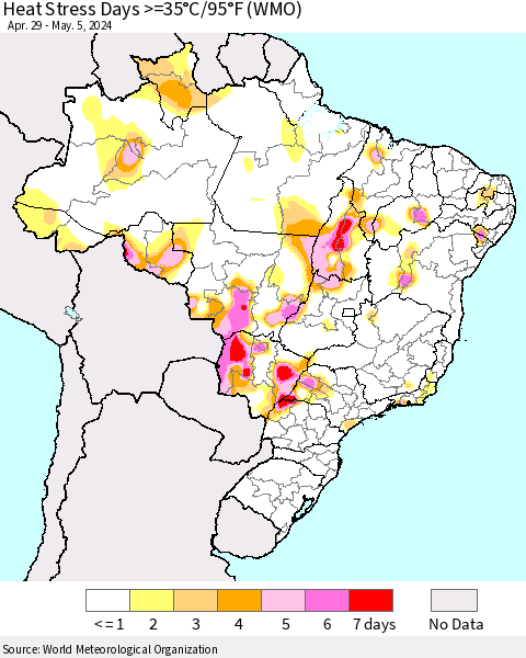 Brazil Heat Stress Days >=35°C/95°F (WMO) Thematic Map For 4/29/2024 - 5/5/2024