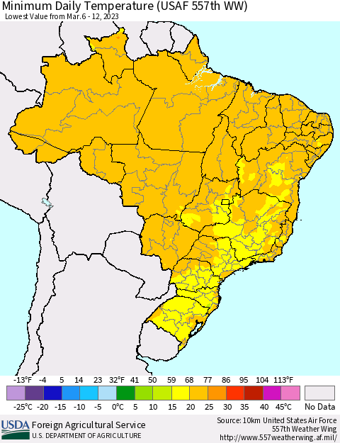 Brazil Minimum Daily Temperature (USAF 557th WW) Thematic Map For 3/6/2023 - 3/12/2023