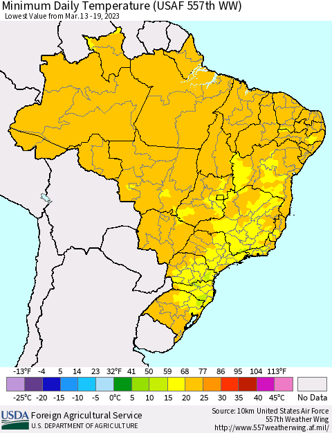Brazil Minimum Daily Temperature (USAF 557th WW) Thematic Map For 3/13/2023 - 3/19/2023