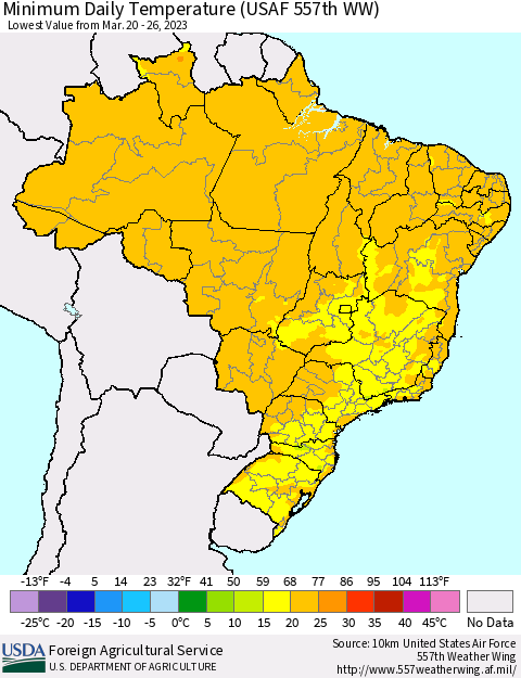 Brazil Minimum Daily Temperature (USAF 557th WW) Thematic Map For 3/20/2023 - 3/26/2023