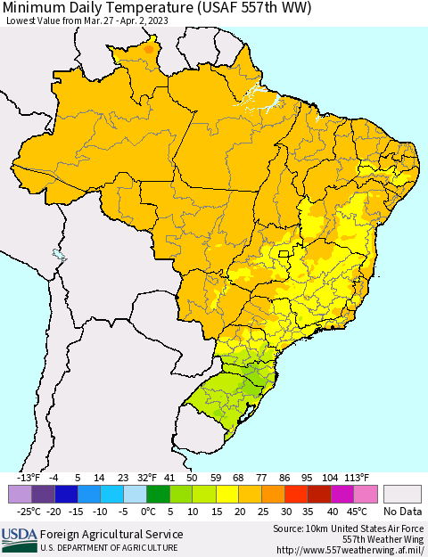 Brazil Minimum Daily Temperature (USAF 557th WW) Thematic Map For 3/27/2023 - 4/2/2023