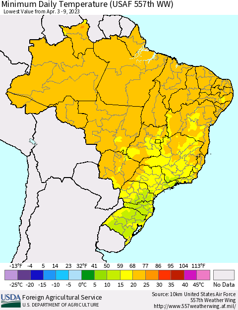 Brazil Minimum Daily Temperature (USAF 557th WW) Thematic Map For 4/3/2023 - 4/9/2023
