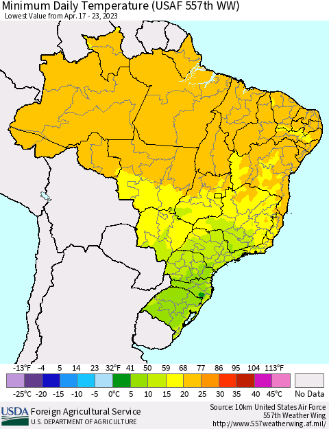 Brazil Minimum Daily Temperature (USAF 557th WW) Thematic Map For 4/17/2023 - 4/23/2023
