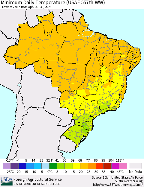 Brazil Minimum Daily Temperature (USAF 557th WW) Thematic Map For 4/24/2023 - 4/30/2023