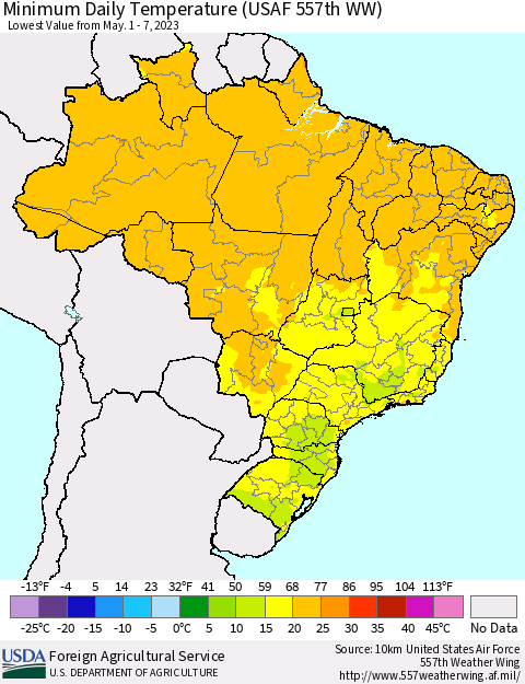 Brazil Minimum Daily Temperature (USAF 557th WW) Thematic Map For 5/1/2023 - 5/7/2023
