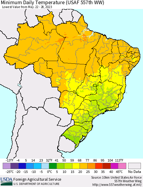 Brazil Minimum Daily Temperature (USAF 557th WW) Thematic Map For 5/22/2023 - 5/28/2023