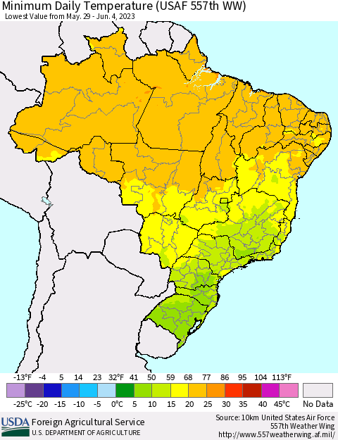 Brazil Minimum Daily Temperature (USAF 557th WW) Thematic Map For 5/29/2023 - 6/4/2023