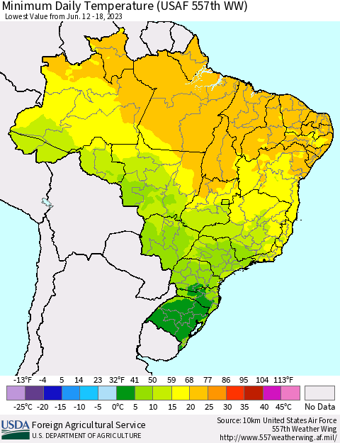 Brazil Minimum Daily Temperature (USAF 557th WW) Thematic Map For 6/12/2023 - 6/18/2023