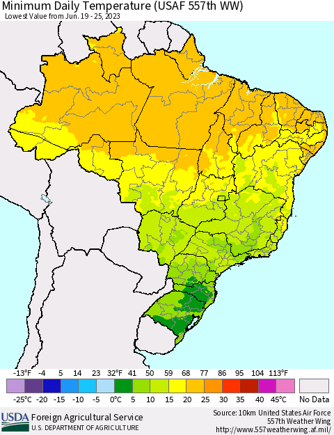 Brazil Minimum Daily Temperature (USAF 557th WW) Thematic Map For 6/19/2023 - 6/25/2023