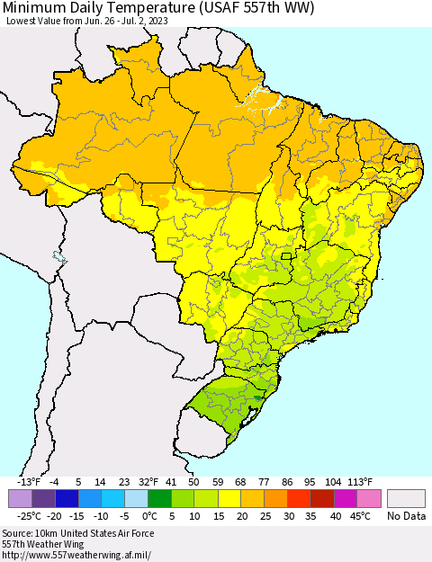 Brazil Minimum Daily Temperature (USAF 557th WW) Thematic Map For 6/26/2023 - 7/2/2023