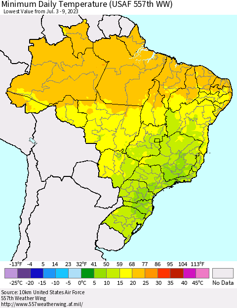Brazil Minimum Daily Temperature (USAF 557th WW) Thematic Map For 7/3/2023 - 7/9/2023