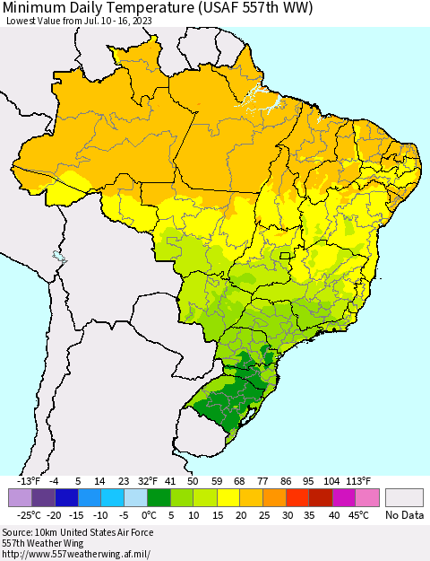 Brazil Minimum Daily Temperature (USAF 557th WW) Thematic Map For 7/10/2023 - 7/16/2023
