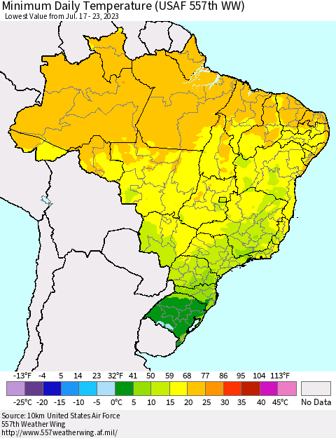 Brazil Minimum Daily Temperature (USAF 557th WW) Thematic Map For 7/17/2023 - 7/23/2023