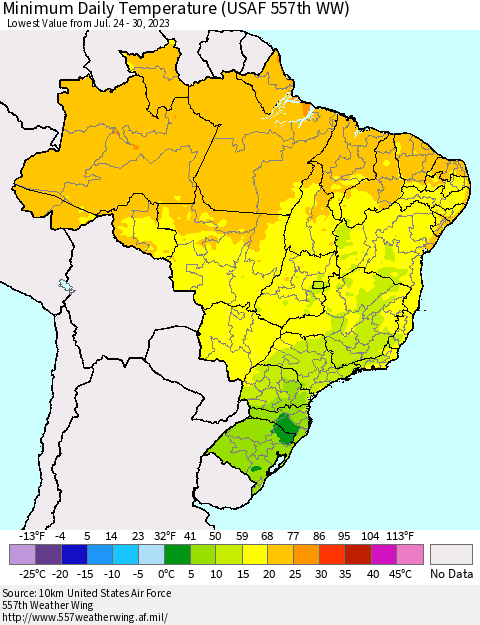 Brazil Minimum Daily Temperature (USAF 557th WW) Thematic Map For 7/24/2023 - 7/30/2023