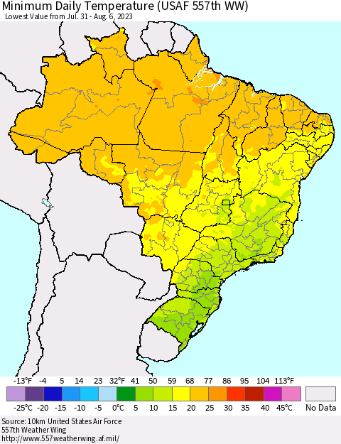 Brazil Minimum Daily Temperature (USAF 557th WW) Thematic Map For 7/31/2023 - 8/6/2023