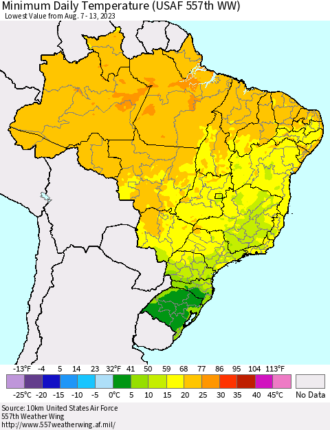 Brazil Minimum Daily Temperature (USAF 557th WW) Thematic Map For 8/7/2023 - 8/13/2023
