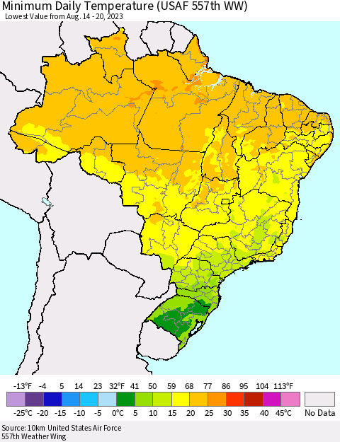Brazil Minimum Daily Temperature (USAF 557th WW) Thematic Map For 8/14/2023 - 8/20/2023