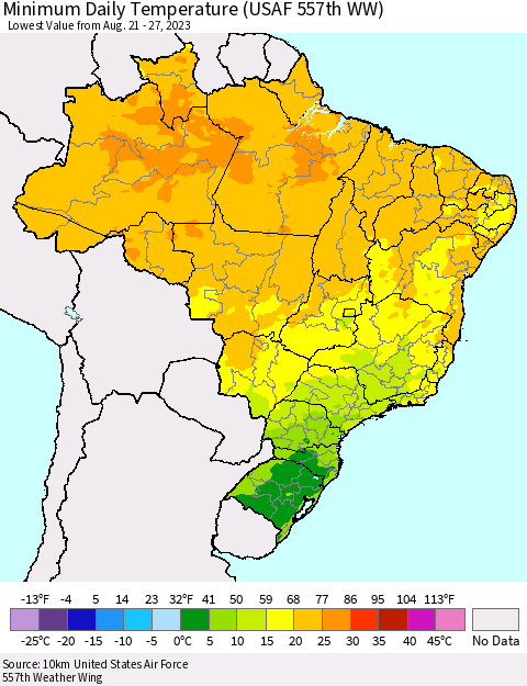 Brazil Minimum Daily Temperature (USAF 557th WW) Thematic Map For 8/21/2023 - 8/27/2023