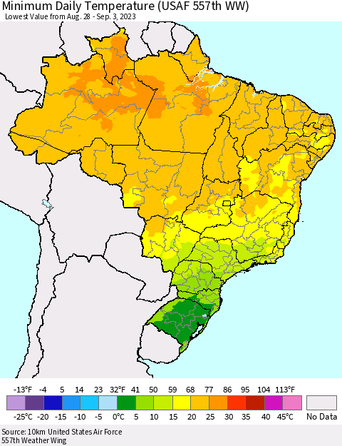 Brazil Minimum Daily Temperature (USAF 557th WW) Thematic Map For 8/28/2023 - 9/3/2023