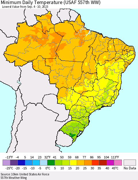 Brazil Minimum Daily Temperature (USAF 557th WW) Thematic Map For 9/4/2023 - 9/10/2023