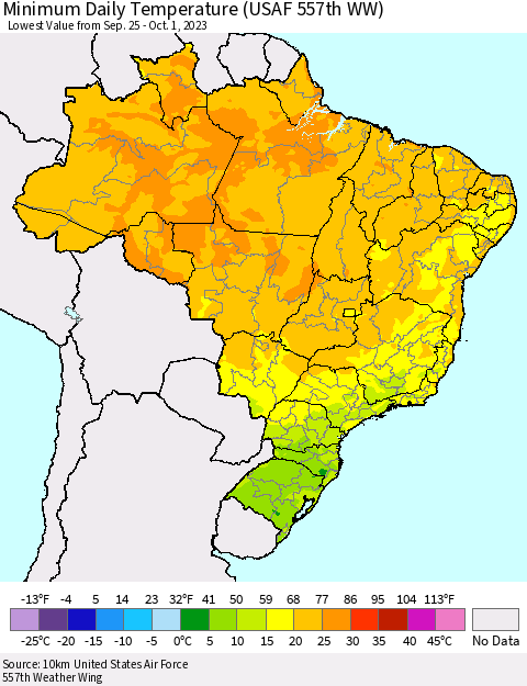 Brazil Minimum Daily Temperature (USAF 557th WW) Thematic Map For 9/25/2023 - 10/1/2023