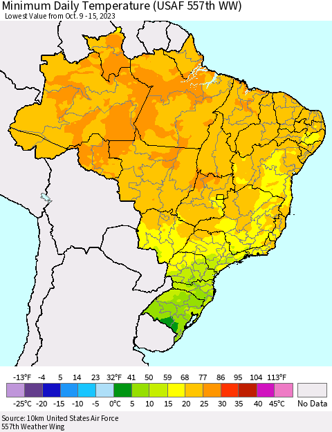 Brazil Minimum Daily Temperature (USAF 557th WW) Thematic Map For 10/9/2023 - 10/15/2023