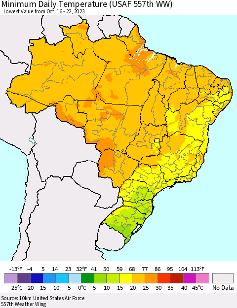 Brazil Minimum Daily Temperature (USAF 557th WW) Thematic Map For 10/16/2023 - 10/22/2023