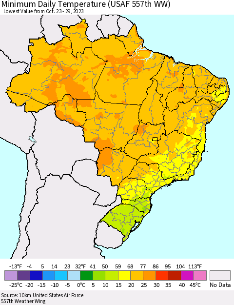Brazil Minimum Daily Temperature (USAF 557th WW) Thematic Map For 10/23/2023 - 10/29/2023