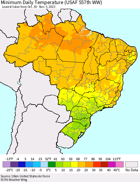 Brazil Minimum Daily Temperature (USAF 557th WW) Thematic Map For 10/30/2023 - 11/5/2023