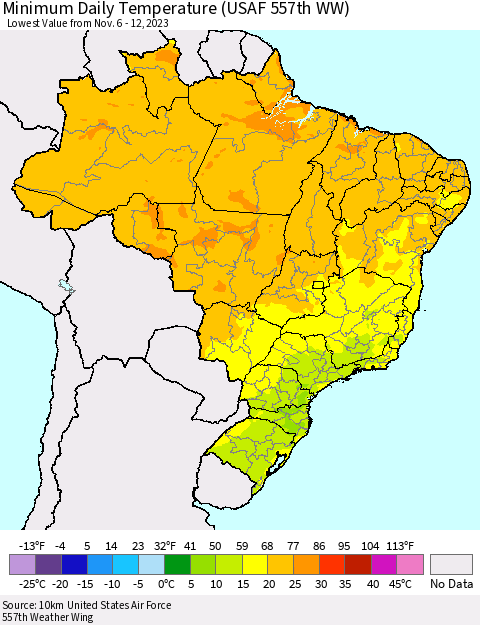 Brazil Minimum Daily Temperature (USAF 557th WW) Thematic Map For 11/6/2023 - 11/12/2023