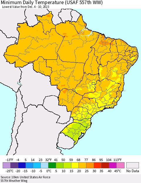 Brazil Minimum Daily Temperature (USAF 557th WW) Thematic Map For 12/4/2023 - 12/10/2023