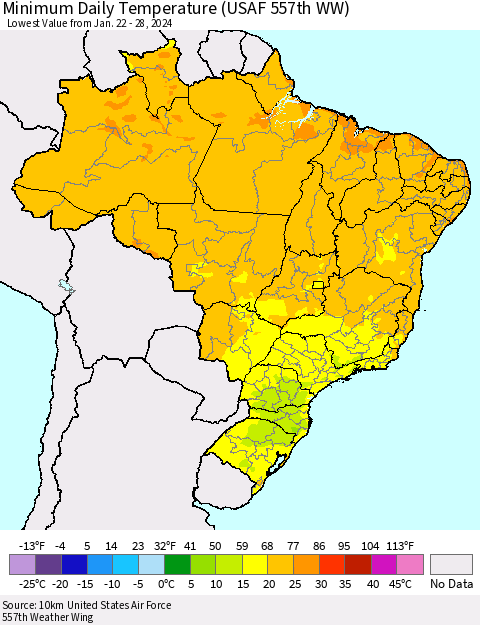 Brazil Minimum Daily Temperature (USAF 557th WW) Thematic Map For 1/22/2024 - 1/28/2024