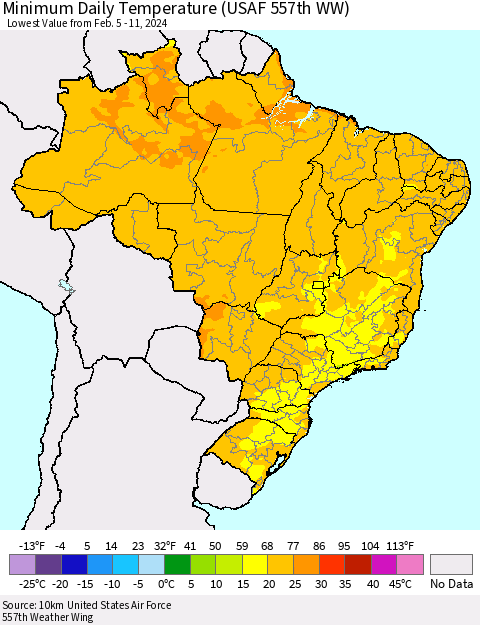 Brazil Minimum Daily Temperature (USAF 557th WW) Thematic Map For 2/5/2024 - 2/11/2024